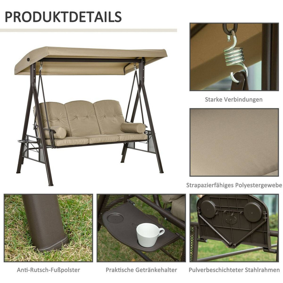 Outsunny Hollywoodschaukel in Beige mit Sonnendach und Kissen, B/H/T: 206 x 183 x 116 cm - Bild 3