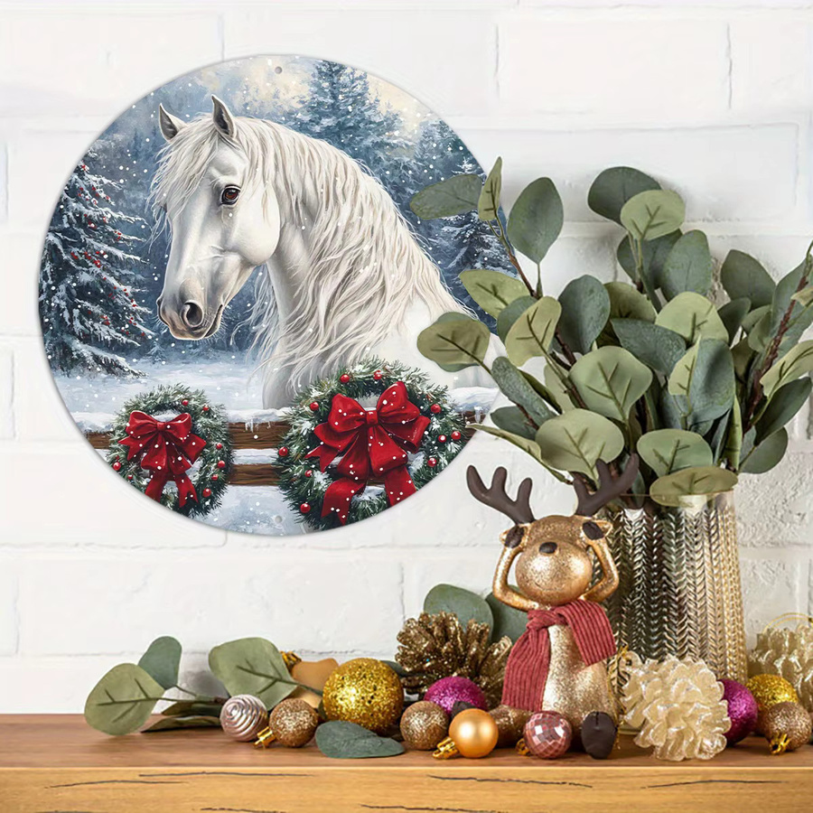 Potdemiel Rundes Aluminium-Wandkunstschild Vintage Weißes Pferd im Schnee mit Weihnachtskranz, Durchmesser: 20,3 cm - Bild 4