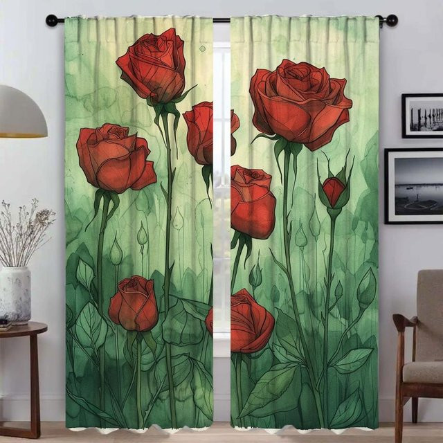 Elegante Tüll-Fenstervorhänge mit Rose-Aquarell-Design in Rot und Multicolour, 2er-Set, Breite: 50 cm, Höhe: 70 cm - Bild 1