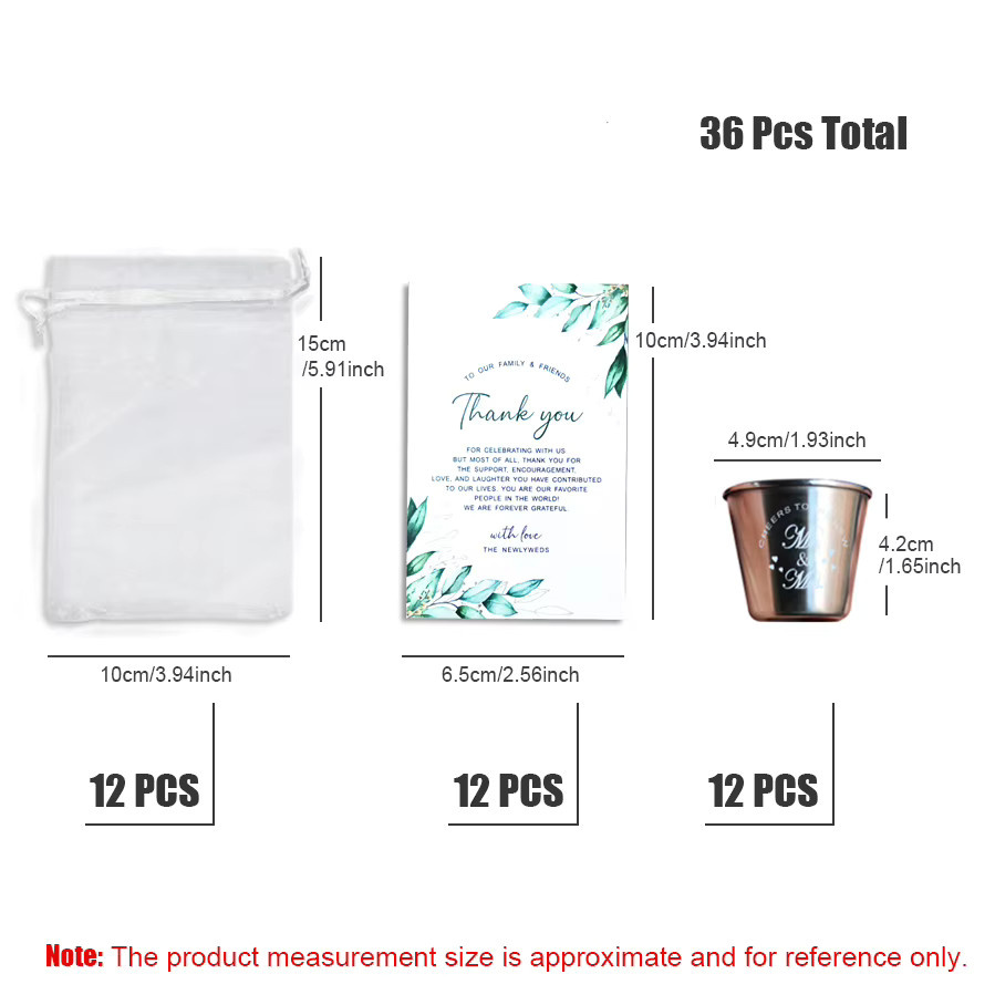 36-teiliges Geschenkset für Hochzeiten und Partys mit 12 Schnapsgläsern, 12 Dankeskarten und 12 Organza-Netztaschen - Bild 5