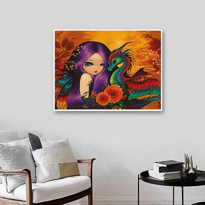 FIYO Diamond Painting DIY Set mit Cartoon-Mädchen und Drache, Mehrfarbiges 5D Diamant-Mosaik zur Wanddekoration, B/H: 20 x 30 cm - Bild 2