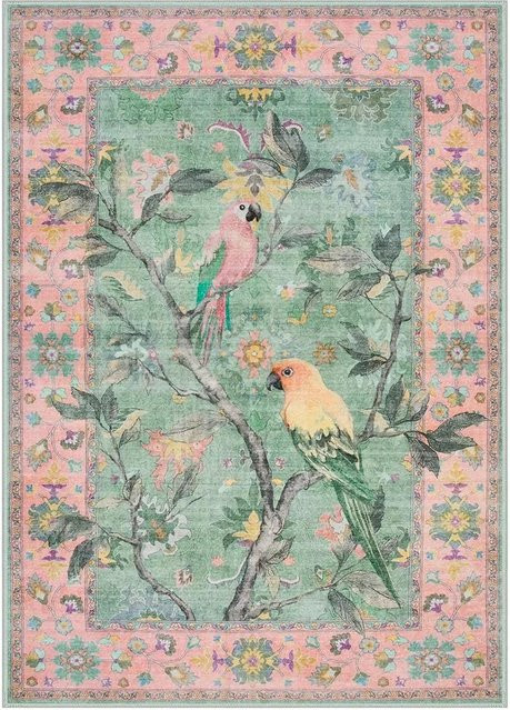 Lodestar Vintage Botanische Vögel Teppich in Blau und Grau, Boho Floral Design, Waschbar und Rutschfest, B/T: 60 x 40 cm - Bild 1