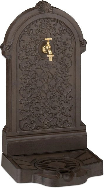 Relaxdays Standbrunnen aus Aluminiumguss im Antik-Design mit Wasserhahn, Braun und Gold, H x B x T: 73 x 39 x 32 cm - Bild 1