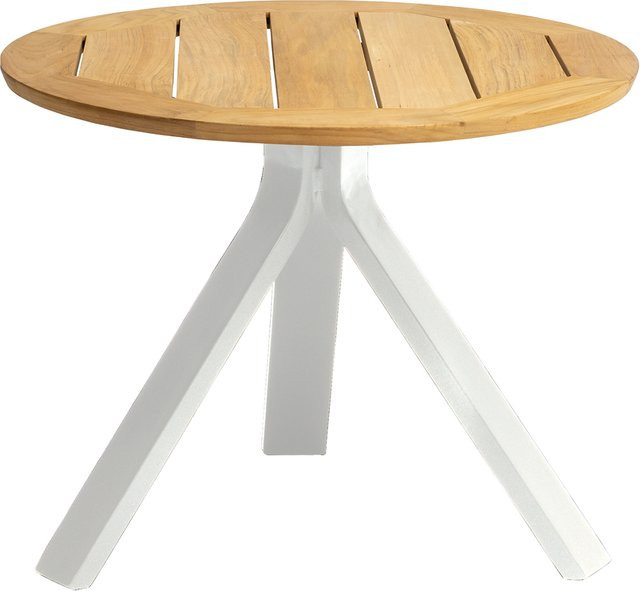Stern Beistelltisch Freddie aus Aluminium in Weiß mit Teakholz-Tischplatte, Durchmesser: 55 cm - Bild 1