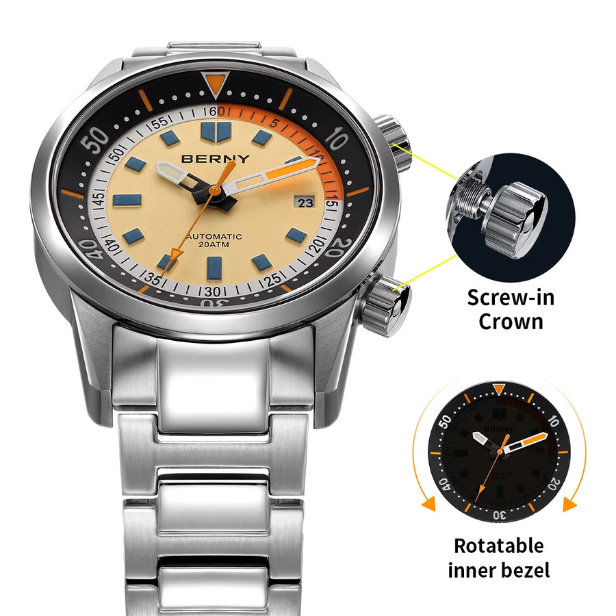 BERNY Taucheruhr, Automatik, Edelstahl, Saphirglas, 20 ATM, Herren - Bild 3