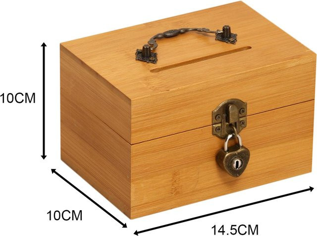 Holzkiste im Vintage-Stil mit Passwortschloss als Schatzkiste und Sparschwein-Organizer in Braun - Bild 1