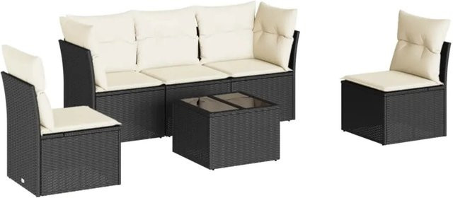 vidaXL 6-tlg Garten-Sofagarnitur in L-Form mit Polsterkissen und Couchtisch, Schwarz - Bild 1