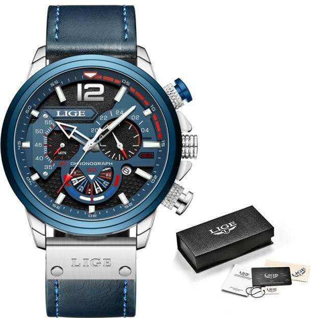 LIGE Armbanduhr, Quarz, Leder, Blau, Silber, Herren - Bild 1