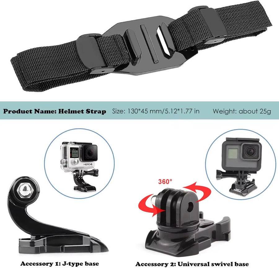 Entlüftet Helm Strap Mount Gürtel Halter in Schwarz für GoPro, Insta360, SJCAM, AKASO und DJI Osmo Action Kameras - Bild 2