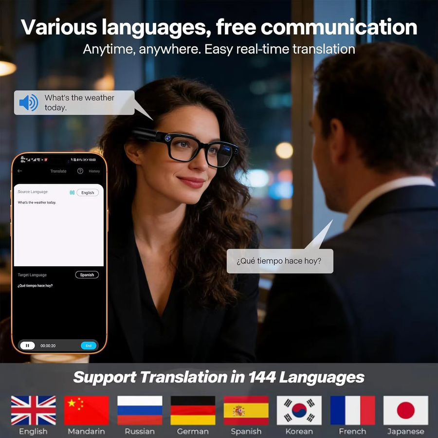 GUHUAVMI Smarte KI-Brille mit 1080P Kamera, Bluetooth Anruffunktion und WLAN-Übertragung in Schwarz - Bild 3