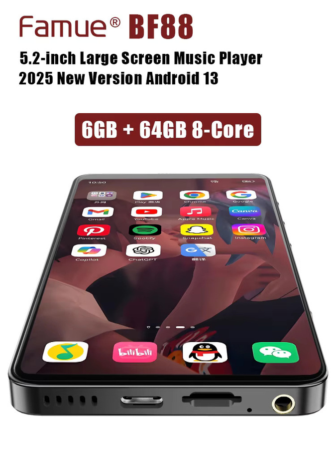 Famue MP3-Player mit Android 15, 5,2-Zoll-Bildschirm, 6GB RAM, 64GB ROM, Octa-Core MT6769, WLAN und Bluetooth 5.0, Schwarz - Bild 3