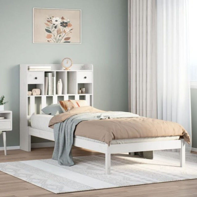 Massivholzbett Vidaxl aus Kiefer mit Regal in Weiß, Landhaus und Skandinavisch Stil, B/L: 75 x 190 cm - Bild 1