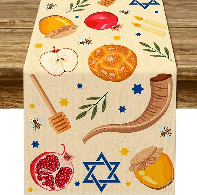 JMG Household Supplies Shana Tova Leinen Tischläufer für das jüdische Neujahrsfest, Beige, B: 33 cm, L: 150 cm - Bild 1