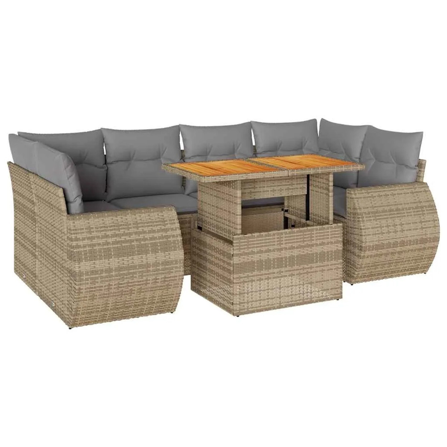 vidaXL 7-teilige Garten-Sofagarnitur in L-Form aus Polyrattan und Akazienholz mit Kissen in Beige-grau - Bild 2