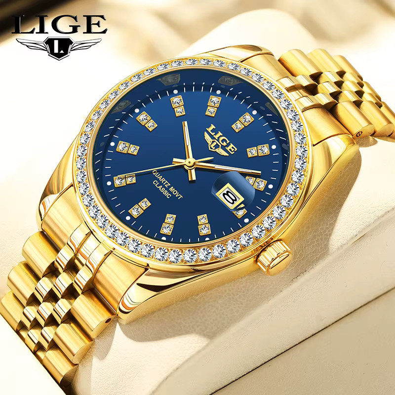 LIGE Armbanduhr Quarz, Edelstahl, Bicolor, Gold, Blau, Diamantbesetzt, Herren - Bild 6