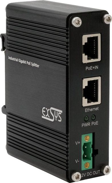 Exsys Industrie Ethernet PoE+ Splitter EX-60325, 12VDC/20W, 10/100/1000Mbps, Schwarz - Bild 1