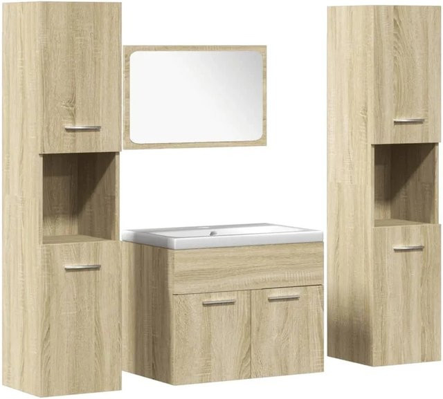 vidaXL 5-tlg Badmöbel-Set aus Holzwerkstoff und Keramik in Sonoma Eiche und Weiß mit Waschbeckenunterschrank, Badezimmerschrank und Spiegel - Bild 1