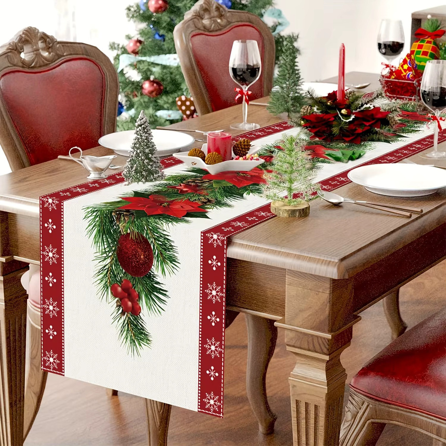 Elegante Weihnachtstischdecke aus Leinen mit Weihnachtsstern, Tannenzweigen und Schneeflocken-Aufdruck, rechteckig, B/T/H: 150 x 45 x 45 cm - Bild 2