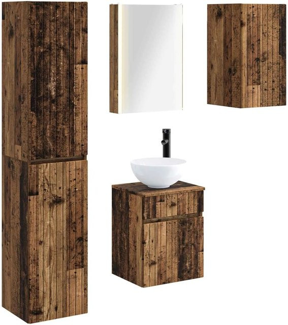 vidaXL Badezimmerschrank-Set 5-teilig aus Altholz in Braun, modern mit LED-Beleuchtung und Spiegelschrank, B/T/H: 43 x 11,5 x 60,5 cm - Bild 1