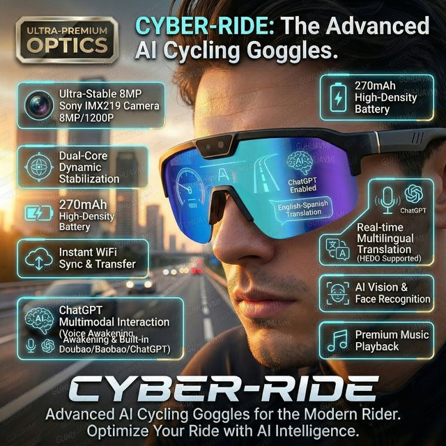 GUHUAVMI Smartbrille mit 1200P Kamera, 8MP Pixel, Anti-Shake Video-Funktion, ChatGPT-Übersetzung und Dual-Mikrofon Audio-Sonnenbrille in Schwarz - Bild 1