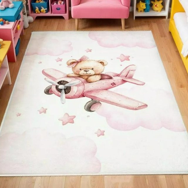 Rutschfester Kinderteppich mit Cartoon Bär Flugzeug und Heißluftballon Muster in Braun und Multicolour, B/B: 80 x 120 cm - Bild 1