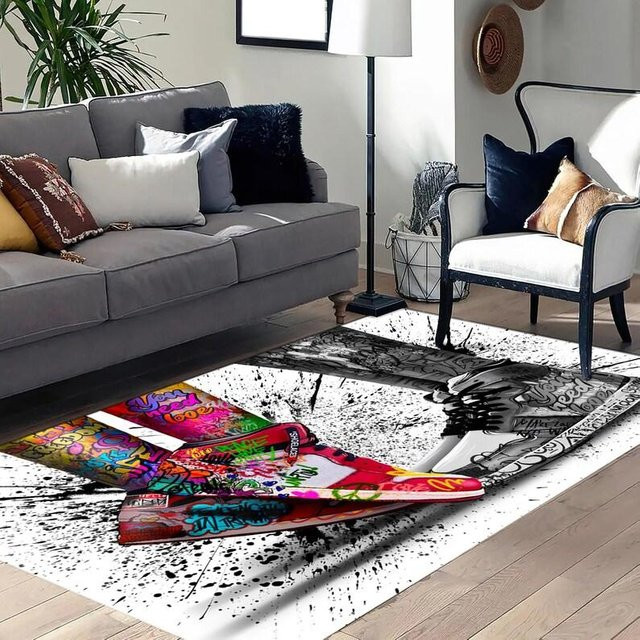 Runder JGJG Badezimmer-Eingangsteppich mit Graffiti-Schuhdesign in Multicolour, B/T: 60 x 90 cm - Bild 1