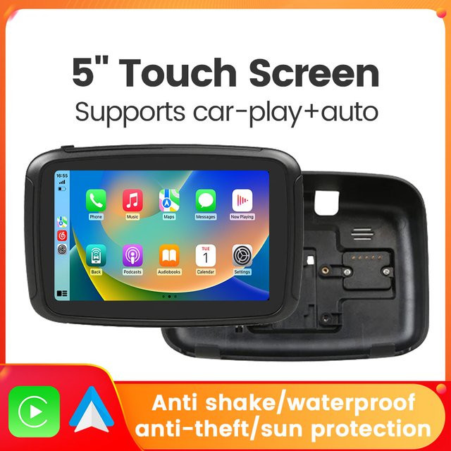 NaviFly Tragbares 5-Zoll Motorrad-LCD-Display in Schwarz mit IPX7 Wasserdichtigkeit für kabelloses Apple CarPlay und Android Auto - Bild 1