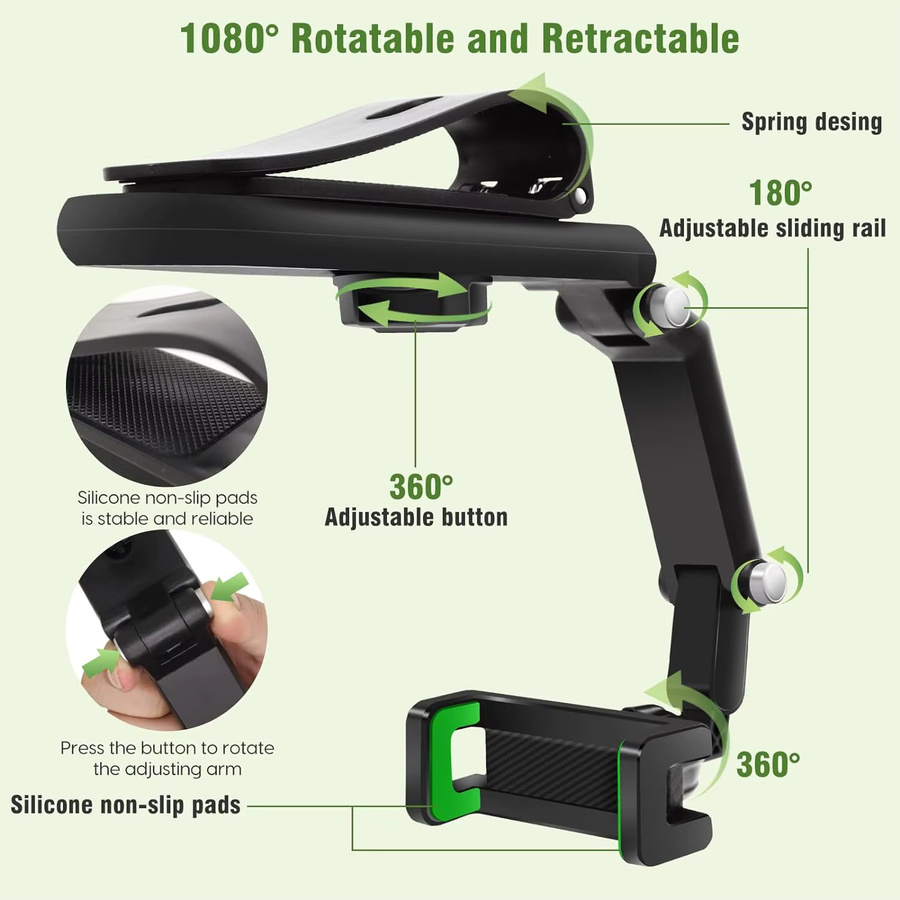 DUTRIEUX Autotelefonhalter 1080 Multifunktions-Sonnenblende, universelle 360-Grad-drehbare Handy-Mobilhalterung für den Rückspiegel, Schwarz - Bild 2