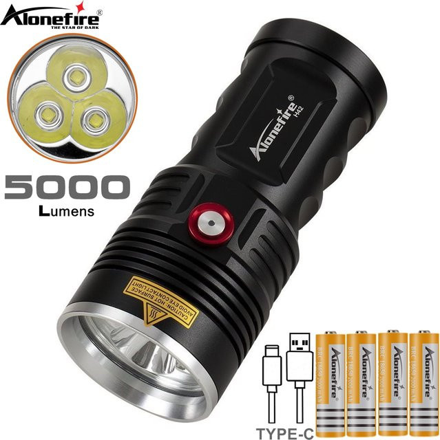 Alonefire Taktische LED Taschenlampe mit 3x XHP50, 60W, USB-aufladbar, Cool White, Schwarz - Bild 1