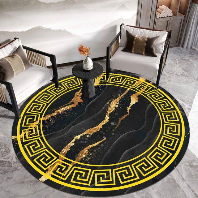 JGJG Nordic Home Rundteppich Geometrisches Marmor Design in Schwarz Gelb Weiß, Waschbar, Durchmesser: 60 cm - Bild 1