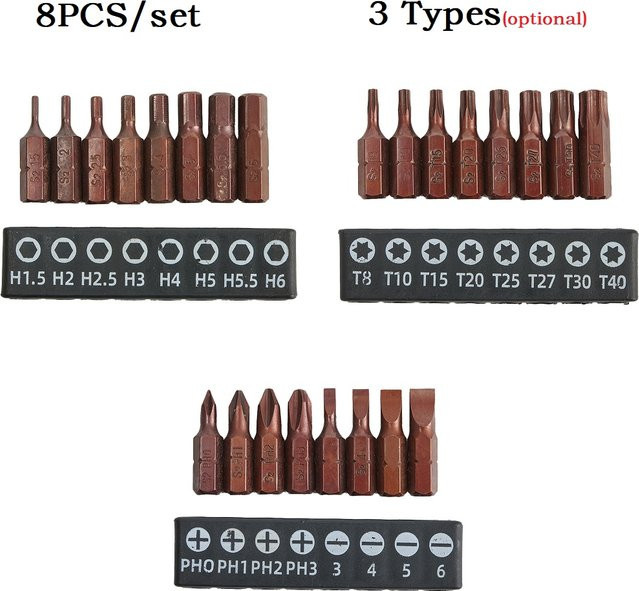 VIBRATITE 8er Set Schraubendreher-Bits mit Kreuz, Torx und Stern sowie Sicherheits-Bits, 25 mm Länge, 1/4 Zoll Sechskantschaft, magnetisch - Bild 1