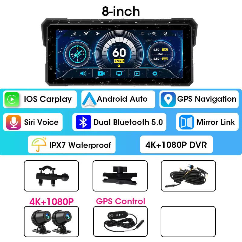 Srnubi 8 Zoll Carplay Motorrad GPS Navigation mit 4K Moto DVR und Android Auto, IP67 wasserdicht, Schwarz - Bild 5