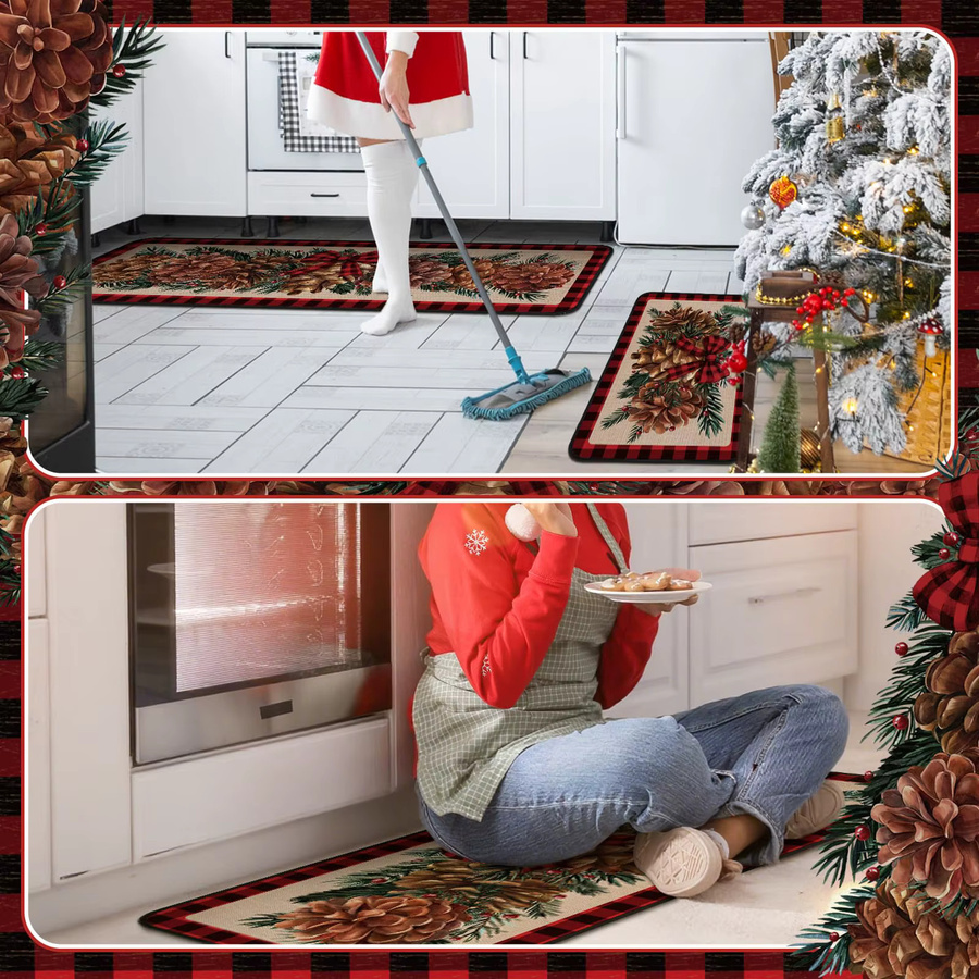 VIKAMA 3er-Set Vintage Weihnachts Küchenmatten und Badezimmerteppiche mit englischem Aufdruck in Multicolour - Bild 2