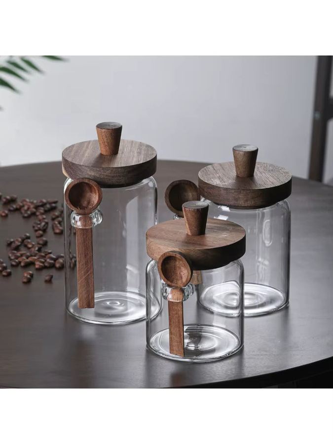 Luftdichter Lebensmittelaufbewahrungsbehälter aus Glas mit Holzdeckel, transparentes Vorratsglas für Zucker, Kaffee oder Süßigkeiten, 0,4 l - Bild 4