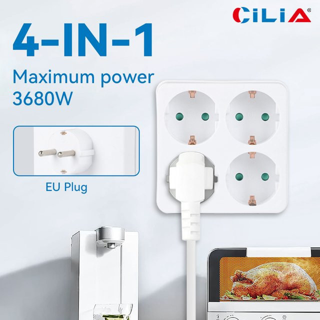 CILIA EU-Steckdosenleiste mit 4 Steckdosen, kompakter quadratischer Mehrfachstecker-Adapter für Zuhause und Büro, Weiß - Bild 1