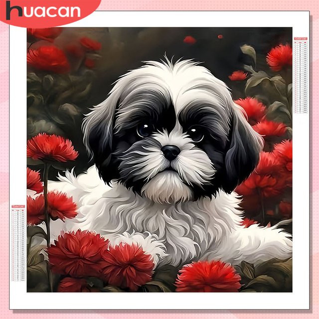 HUACAN Diamantmalerei Hund mit Blumen als rundes Mosaik-Set in Mehrfarbig, Durchmesser: 20 cm - Bild 1