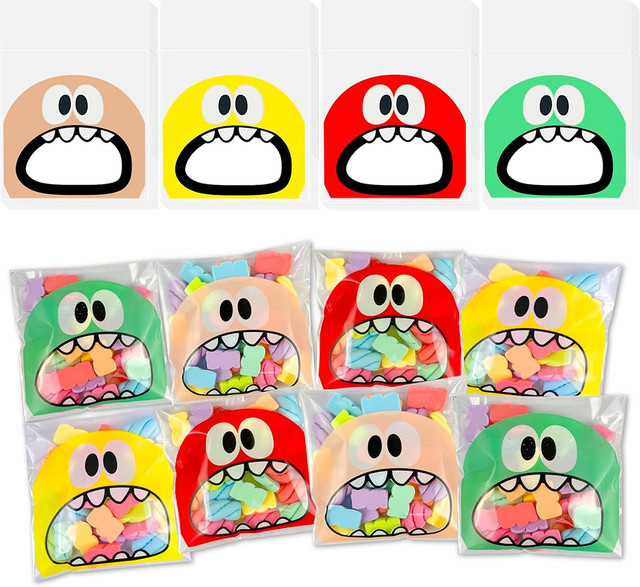 Selbstklebende Monster Cookie Taschen aus Zellophan für Süßigkeiten und Gebäck, Cartoon Design, Mehrfarbig - Bild 1