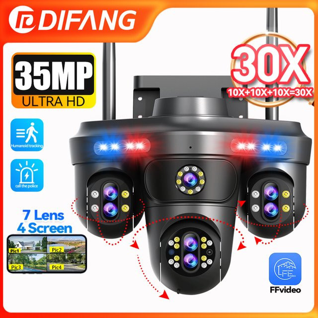 DiFang WLAN-IP-Kamera mit 35MP, 10-fach optischem Zoom, 7 Linsen und 4 Bildschirmen, PTZ Außenüberwachungskamera mit Auto-Tracking und Nachtsicht in Schwarz - Bild 1