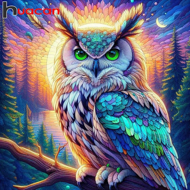 Huacan DIY 5D Diamantmalerei Eule als Cartoon Mosaik Set in Mehrfarbig, Rund, Durchmesser: 20 cm - Bild 1