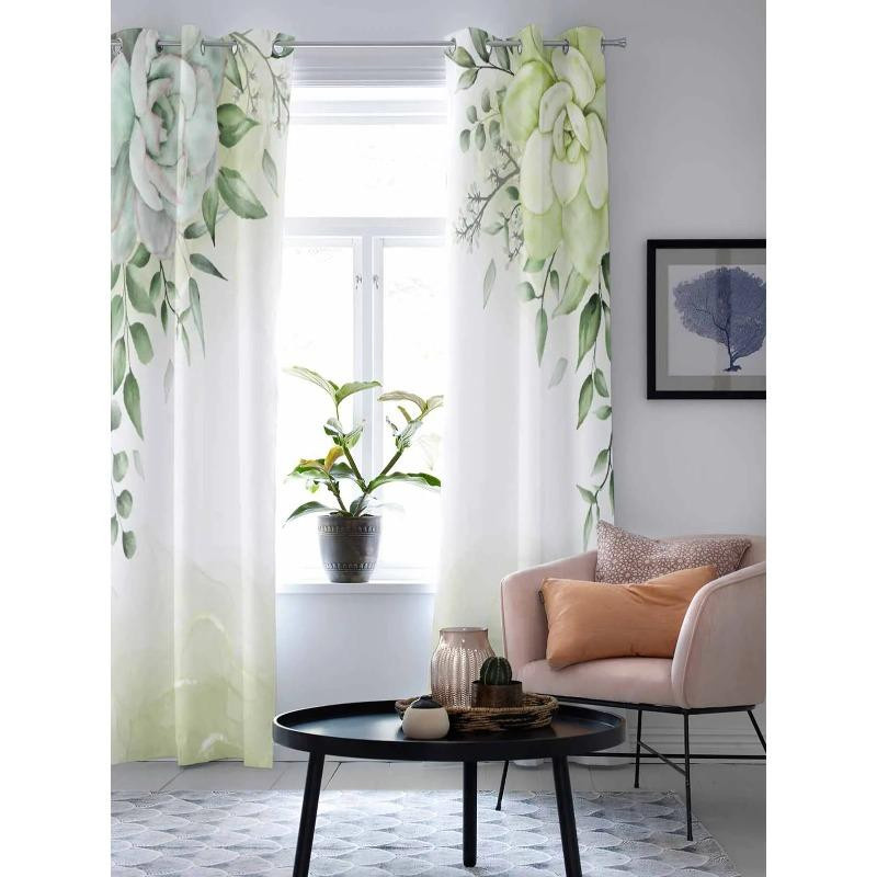 Semi-transparente Fenstergardine mit Sukkulenten und Blumen im pastoralen Design für Wohnzimmer, Schlafzimmer oder Küche, Breite: 135 cm, Höhe: 60 cm - Bild 1