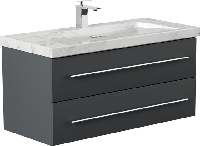 Badmöbel YAMO von Posseik mit Marmor Naturstein in White/Grey, Breite: 100 cm, 1 Hahnloch und SoftClose - Bild 1