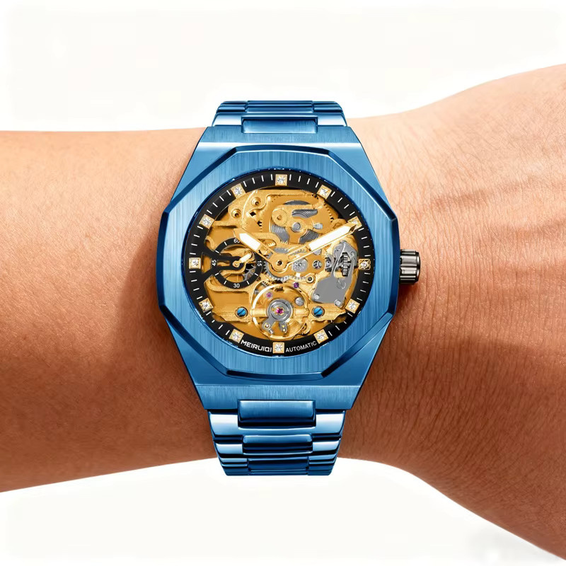MEIRUIQI Armbanduhr Automatik, Edelstahl, Blau, Eckig, Herren - Bild 6