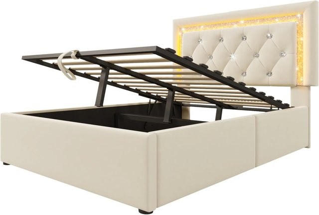 Merax Polsterbett mit USB-C Ladestation und LED-Unterbettbeleuchtung in Beige, B/T/H: 90 x 200 x 101 cm - Bild 1