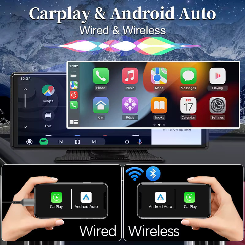 Hippcron Tragbarer Auto Spiegel mit IPS Touchscreen, Multimedia Player mit Wireless CarPlay und Android Auto, Schwarz, 7 Zoll - Bild 2