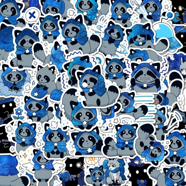 48 Stück Waschbär Aufkleber mit Sternenhimmel Motiv in Blau zur Dekoration von Notizbüchern und Koffern - Bild 1