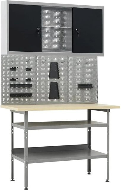 vidaXL Werkbank mit 3 Werkzeugwänden und 1 Wandschrank in Schwarz-Grau, höhenverstellbar, B: 120 cm, H: 85 cm, T: 60 cm - Bild 1