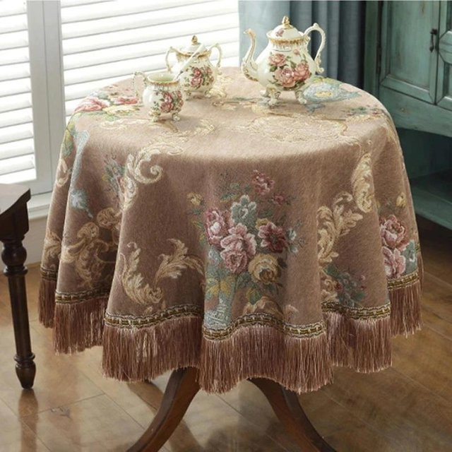 Runde Chenille-Tischdecke Super Six in Beige mit Rose-Jacquard-Muster und Quasten, wasserabweisend, Durchmesser: 140 cm - Bild 1