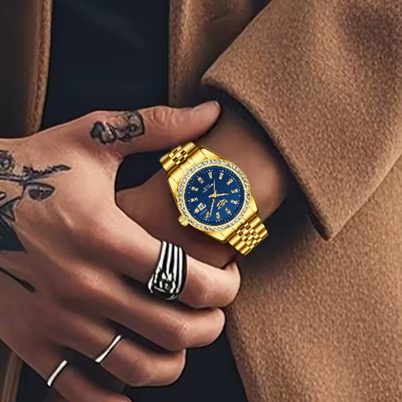 LIGE Armbanduhr Quarz, Edelstahl, Bicolor, Gold, Blau, Diamantbesetzt, Herren - Bild 5