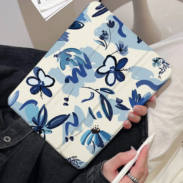 Samsung Tablet Hülle mit blauem Blumenmuster für Tab S9 Plus, S10 Plus, S7 FE und weitere Modelle - Bild 1