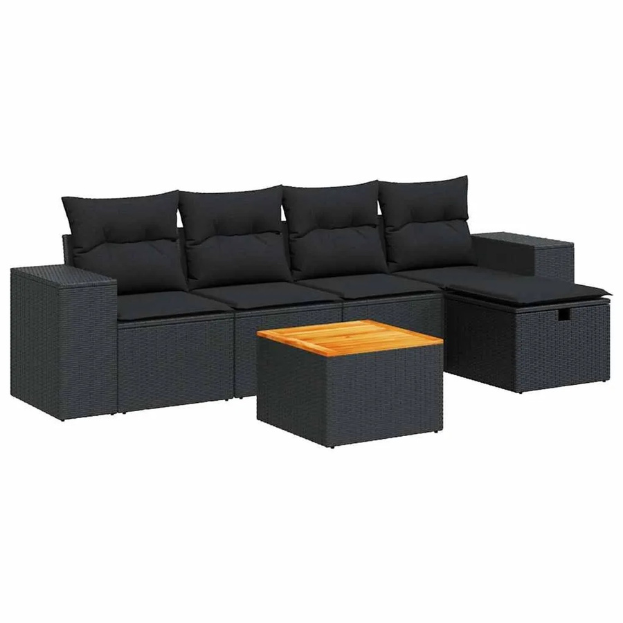 vidaXL 6-teilige Garten-Sofagarnitur aus Poly-Rattan und Akazienholz in Schwarz mit Kissen - Bild 2
